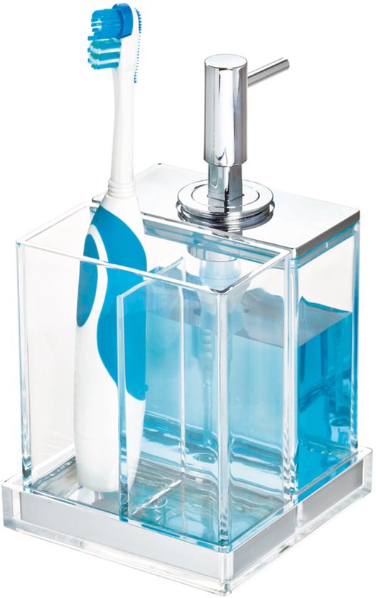 iDesign Zeepdispenser met tandenborstelhouder – transparant, 2 vakken – foto 3 van 4