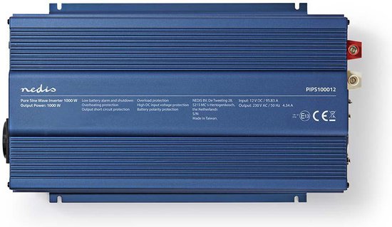 Nedis Omvormer Pure Sinusgolf - Ingangsvoltage: 12 V DC - Apparaat stroomoutput: Type F (CEE 7/3) - 230 V AC 50 Hz - 1000 W - Piekvermogen: 2000 W - Screw Terminal - Zuivere Sinusgolf - Zeker