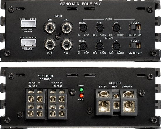 Ground Zero GZHA MINI FOUR â€“ Auto Versterker â€“ 4-Kanaals â€“ Class D â€“ 640W Max â€“ Compact â€“ High-Level Input