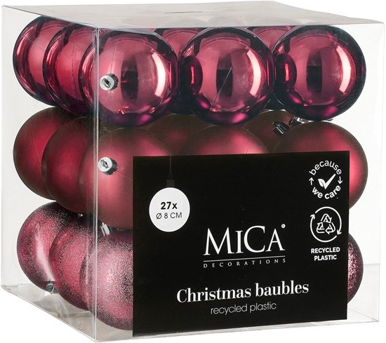Mica Decorations Christmas Baubles Set - 27 Pieces - Ø8 cm - Unbreakable - Fuchsia