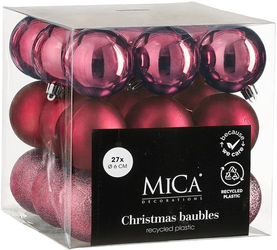 Mica Decorations Christmas Baubles Set - 27 Pieces - Ø6 cm - Unbreakable - Fuchsia