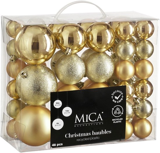 Mica Decorations Christmas Baubles Set - 46 Pieces - Ø4 cm, Ø6 cm and Ø8 cm - Unbreakable - Gold – foto 3 van 3