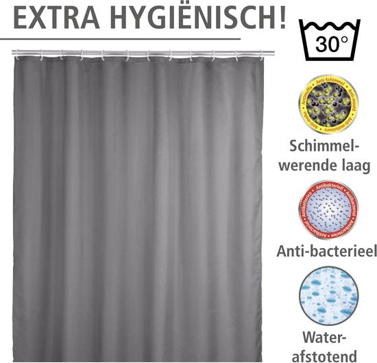 WENKO Anti-mold shower curtain grey 180x200cm polyester - Includes hanging rings - Waterproof - Washable - Quick-drying