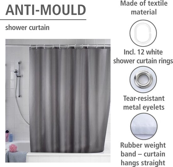 WENKO Anti-mold shower curtain grey 180x200cm polyester - Includes hanging rings - Waterproof - Washable - Quick-drying