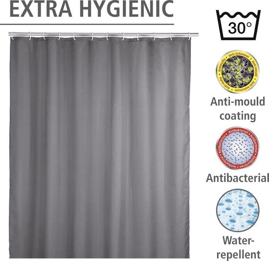 WENKO Anti-mold shower curtain grey 180x200cm polyester - Includes hanging rings - Waterproof - Washable - Quick-drying