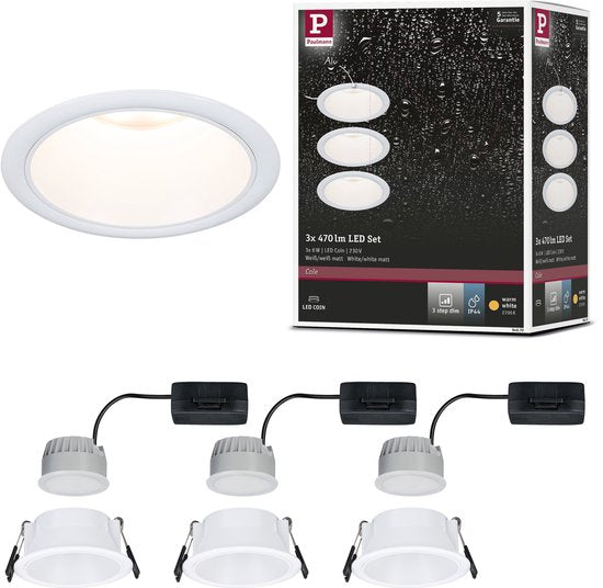 Paulmann Cole Coin LED-inbouwlamp set van 3 – 3× 6 W dimbaar, IP44 – foto 1 van 4