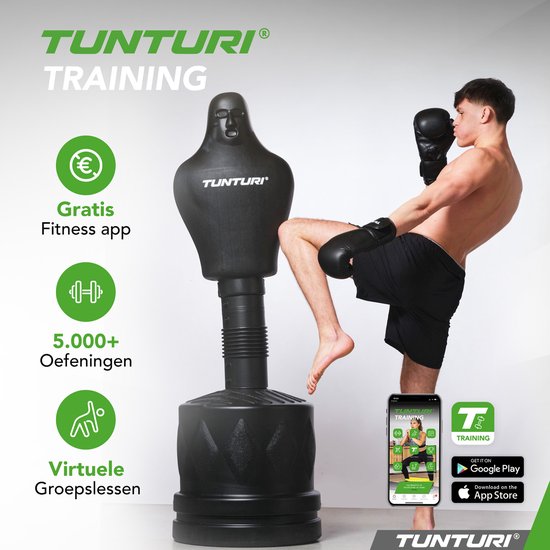 Tunturi BOB Vrijstaande Bokspop - Staande Bokszak – Boksdummy Volwassenen - Bokspaal verstelbaar tot 180 cm - Box Training - Met zand vulbare voet - Incl. gratis fitness app