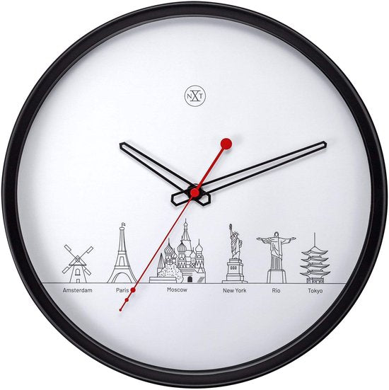 nXt - Stille Wandklok - 30 cm - Plastic - Zwart/Wit - 'Worldtour'