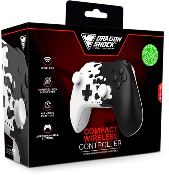 DragonShock - PopTop Zwart en wit - Compacte Bluetooth Draadloze Controller - Geschikt voor Nintendo Switch - Switch OLED - PC - Android