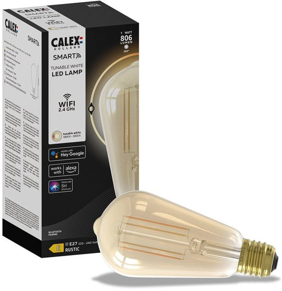 Calex Smart LED Lamp - Slimme Verlichting Filament - E27 - Rustiek - Wifi Lichtbron - Goud - Dimbaar - Warm Wit licht - 7W