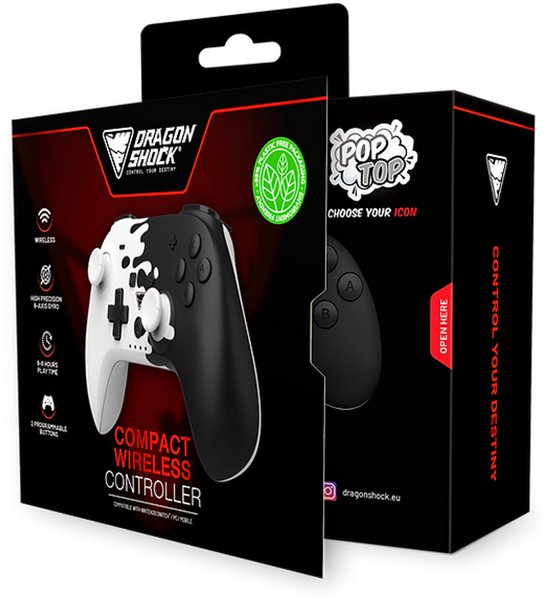 DragonShock - PopTop Zwart en wit - Compacte Bluetooth Draadloze Controller - Geschikt voor Nintendo Switch - Switch OLED - PC - Android