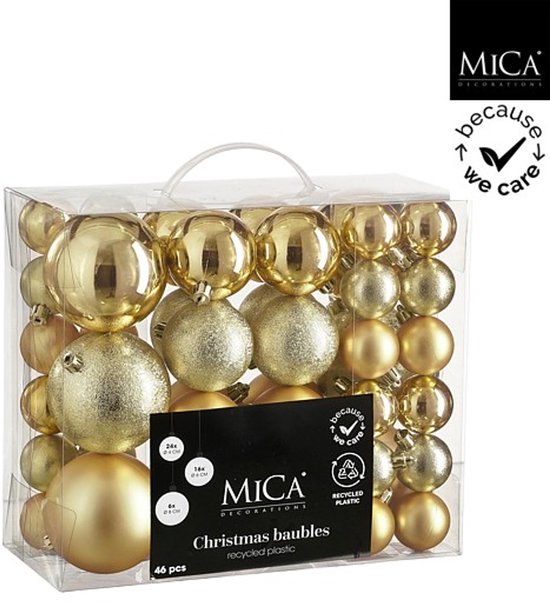 Mica Decorations Christmas Baubles Set - 46 Pieces - Ø4 cm, Ø6 cm and Ø8 cm - Unbreakable - Gold
