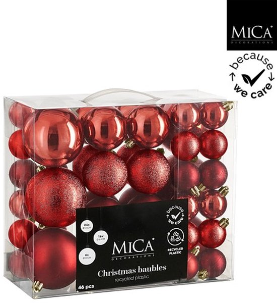 Mica Decorations Christmas Baubles Set - 46 Pieces - Ø4 cm, Ø6 cm and Ø8 cm - Unbreakable - Red