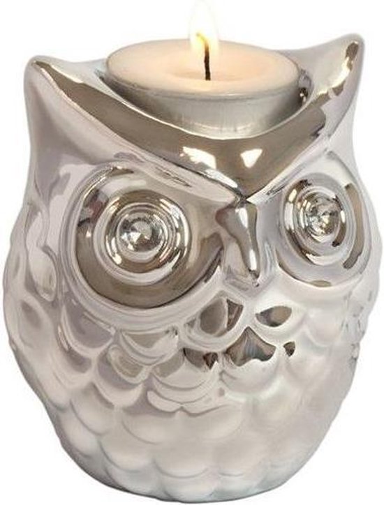 Invotis Night Owl waxinelichthouder – uil, zilver keramiek – foto 1 van 2
