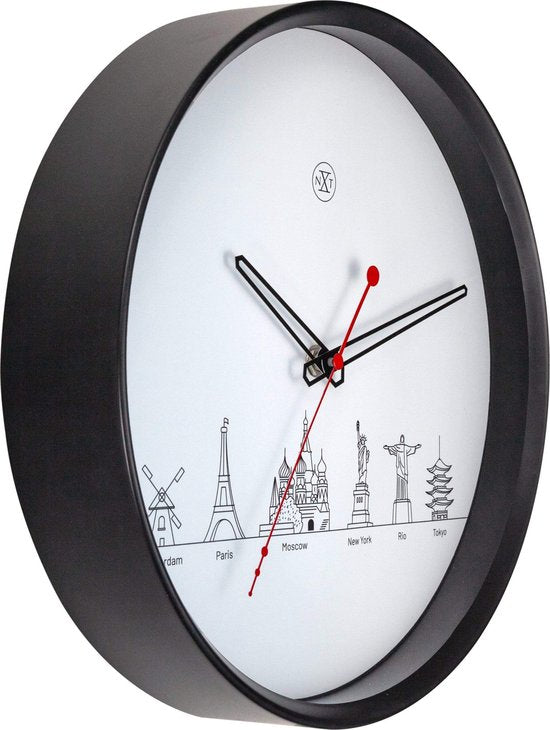 nXt - Stille Wandklok - 30 cm - Plastic - Zwart/Wit - 'Worldtour'