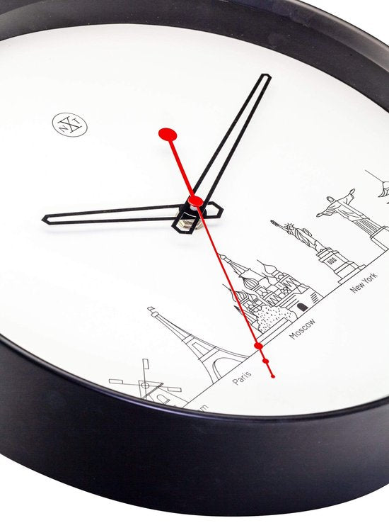 nXt - Stille Wandklok - 30 cm - Plastic - Zwart/Wit - 'Worldtour'
