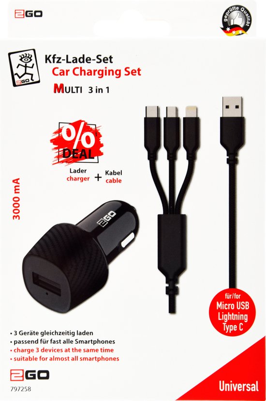 2GO Auto-oplaadset 12/24 V – 3-in-1 oplaadkabel, 5 V 3000 mA – foto 4 van 4